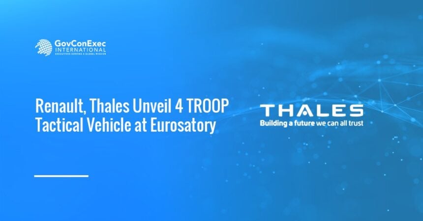 Thales logo. Renault Group and Thales unveiled 4 TROOP at Eurosatory 2026.