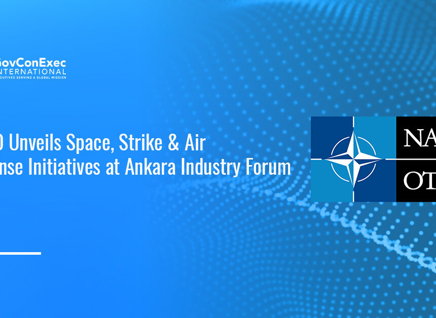 NATO logo. NATO allies unveiled new space, strike and air defense initiatives at the Ankara industry forum.